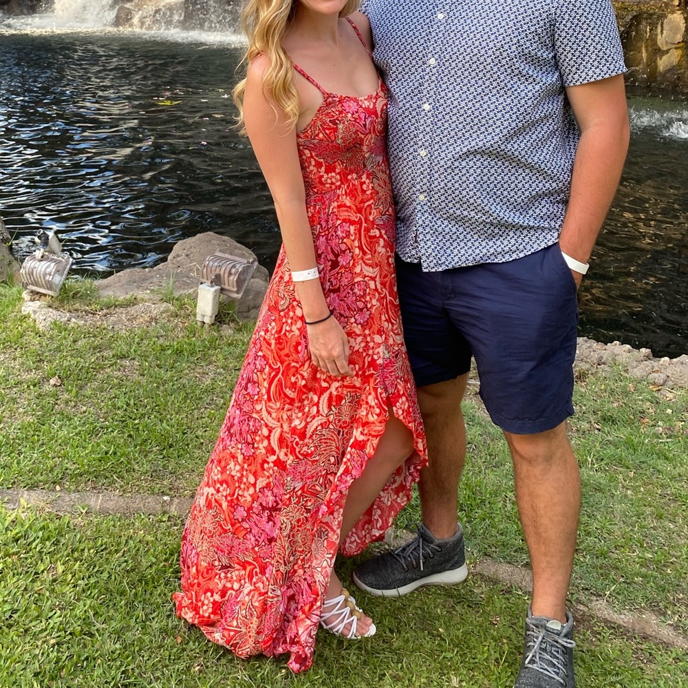 Free People Forever Yours Smocked Slip red paisley pattern side slit maxi dress